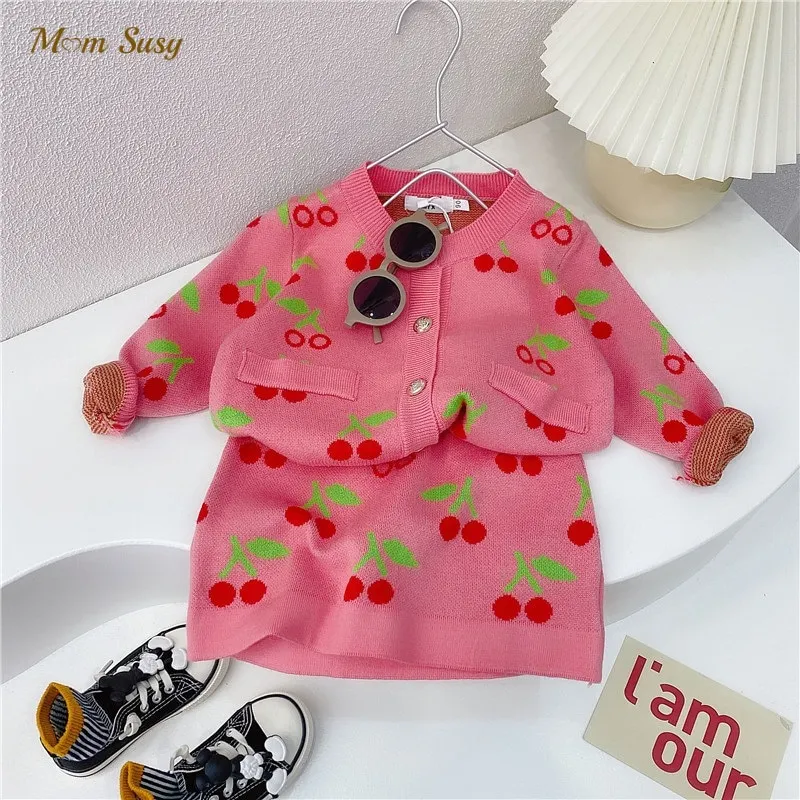 

Baby Girl Knitted Clothes Set Sweater Coat+Skirt 2PCS Infant Toddler Child Cherry Sweater Set Autumn Spring Baby Clothes 1-10Y