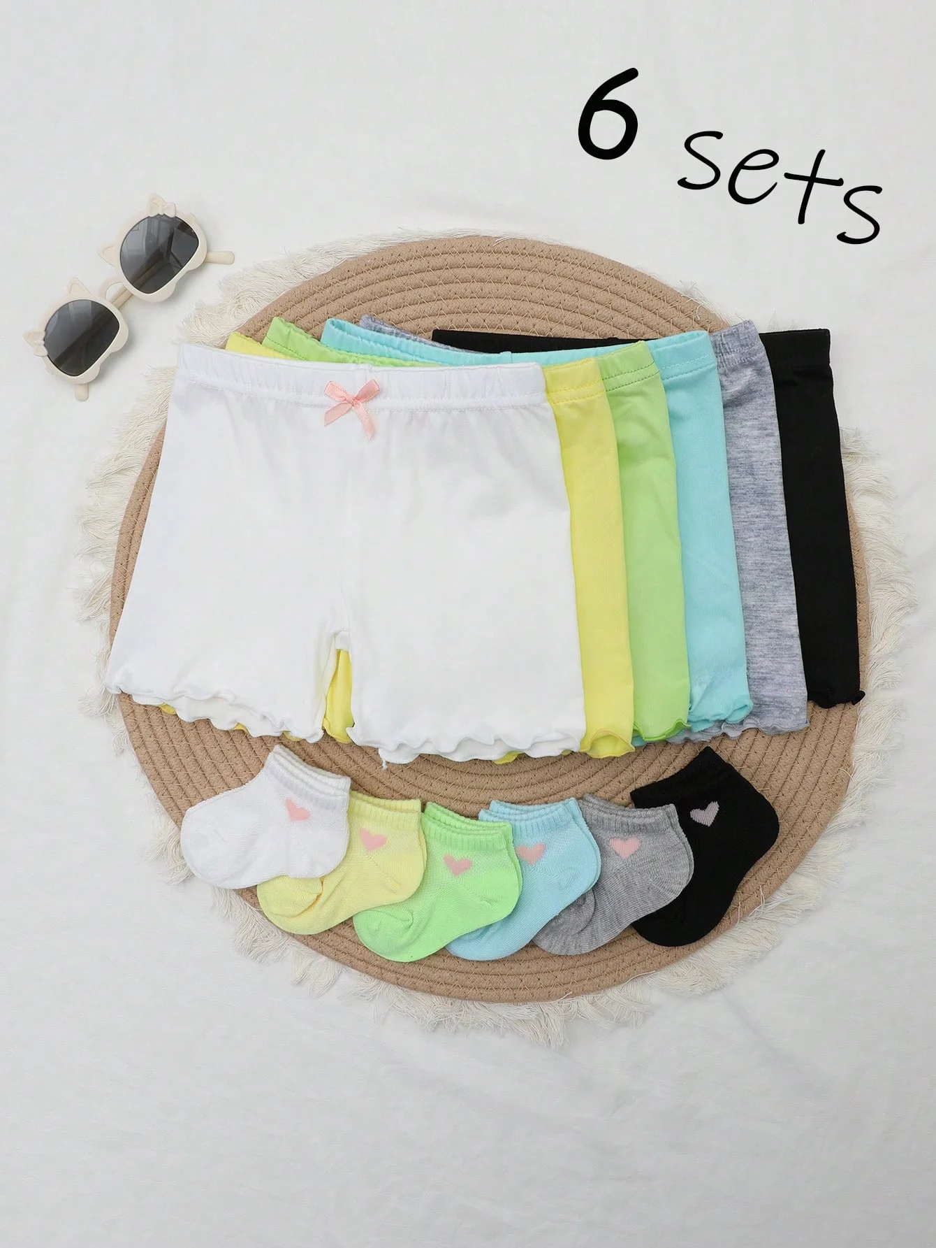

6 Pairs of Baby Girls' Safety Shorts and Socks Set Cute Bow Heart Mesh Breathable Toddler Meias Femininas Kids Summer Daily Wear