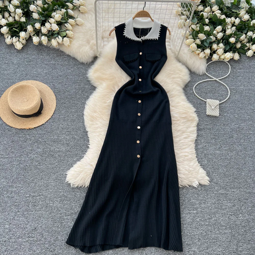 Chic Knit Elegant Sleeveless Turn-down Collar Patchwork Single Breasted Dresses Vintage Korean Evening Women Autumn Clothing