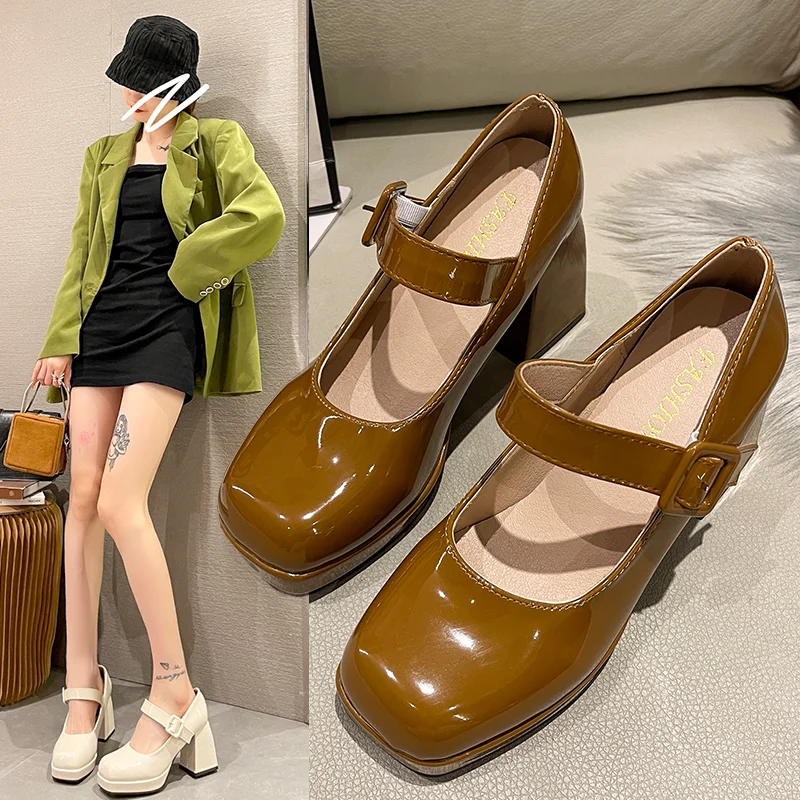 รองเท้าส้นสูงผู้หญิง Trend Chunky ส้นสูงสแควร์ Toe Platform รองเท้า Mary Jane แฟชั่นหรูหราเซ็กซี่สีส้มหรูหราลำลองนักออกแบบ Plus ขนาด