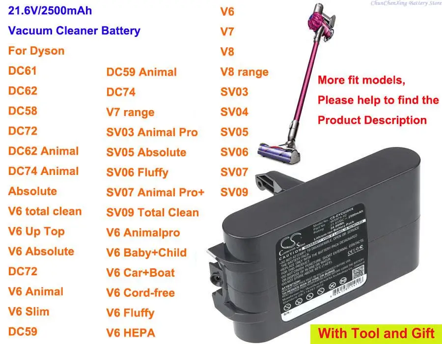 

Аккумулятор Cameron Sino 2500 мАч 965874-02 для Dyson DC58, DC61, DC62, DC72,SV03, V7, V6, DC74, V8, SV04, SV05, SV06, SV07, SV09