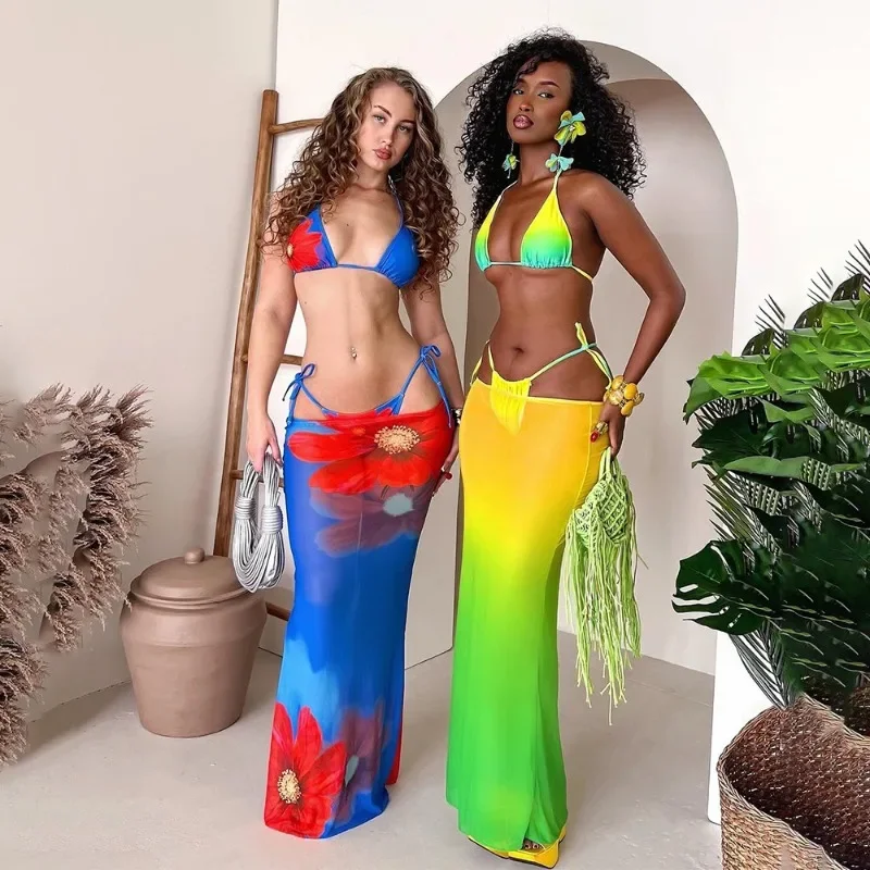 

GUWU женские сексуальные комплекты бикини с принтом, модные летние пляжные праздничные купальники с макси-юбниками, комплекты из 3 предметов, наряды