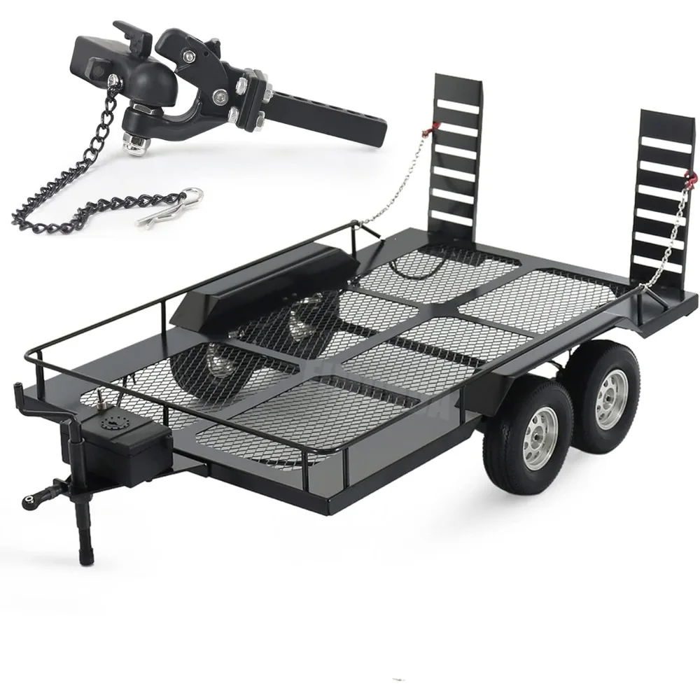 1/10 Scale Metal RC Trailer Kit with Elastic Kinetic Winch Strap, Compatible with SCX10, D90, TRX4, TRX6, Redcat GEN8, RGT 86100