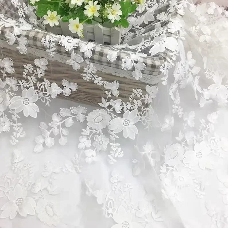 Exquisite 3d flower embroidered lace fabric floral Ivory tulle lace fabric ball gown, floral wedding dress 1 yards