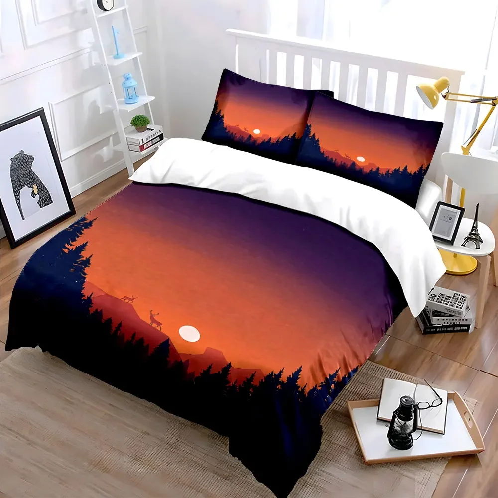 Sunset Forest Deer Art Set Soft Comfortable Duvet Cover Bedding Set Included 1*Duvet Cover & 2*Pillowcases, gift