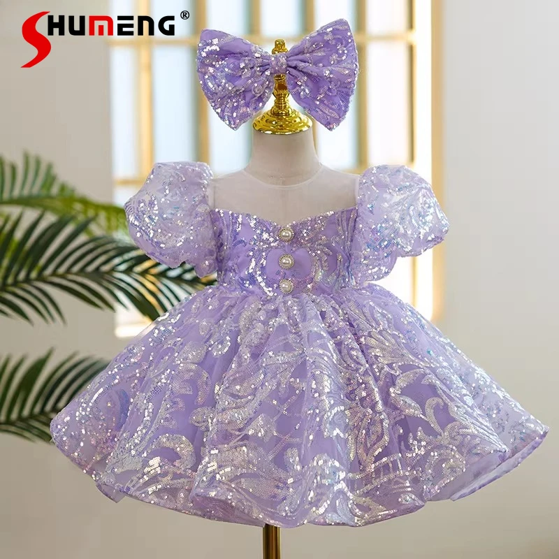 

Детское нарядное платье для выступления на пианино на день рождения, весеннее фиолетовое короткое платье принцессы для девочек на свадьбу