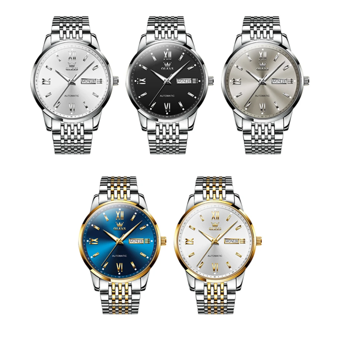OLEVS 6777 modny zegarek mechaniczny prezent okrągła tarcza zegarek ze stali nierdzewnej zegarek na rękę wyświetlacz tygodniowy kalendarz