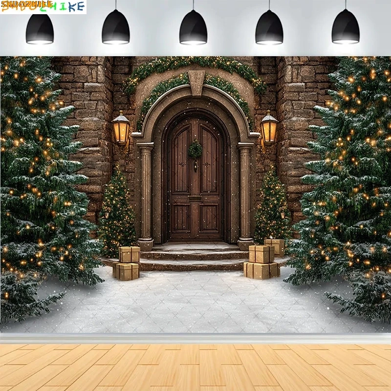 

Christmas Day Pine Tree Bell Wreath Photography Backdrops Indoor Fireplace Winter Elk New Year Family Portrait Background CT-07