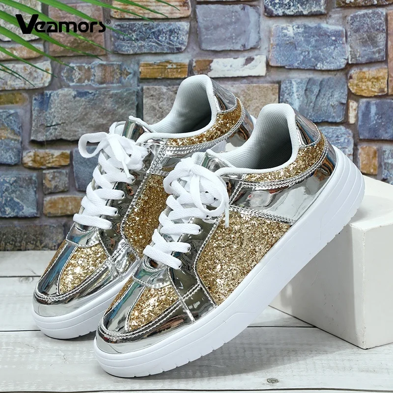 

Fashion Shiny Sequined Women's Casual Shoes Men's Trendy Lace-up Board Shoes Couple Light PU Leather Daily Walking Running Shoes