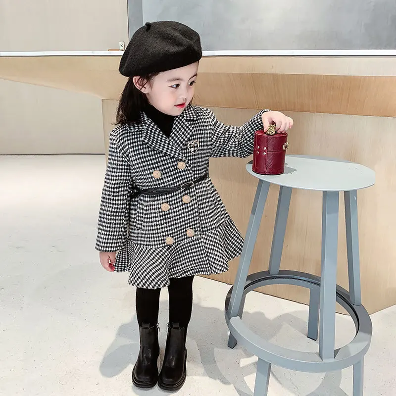 

Winter England Style Girl's Woolen Long Coat Trench Jacket Korean Version Baby Girl Plaid Belt Outerwear Child Outfit 2-12 years