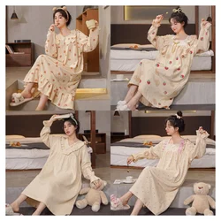 Women Spring Autumn Highquality Cotton Lace Nightdress Long Sleeve O-neck Loose Long Skirt Soft Waffle Pajama Moderate Thickness