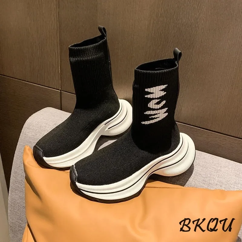 BKQU Letter Knitted Elastic Socks Shoes Women 2024 Autumn New Thick Soles Increase Mid-tube Slim Boots Design Feel Breathable