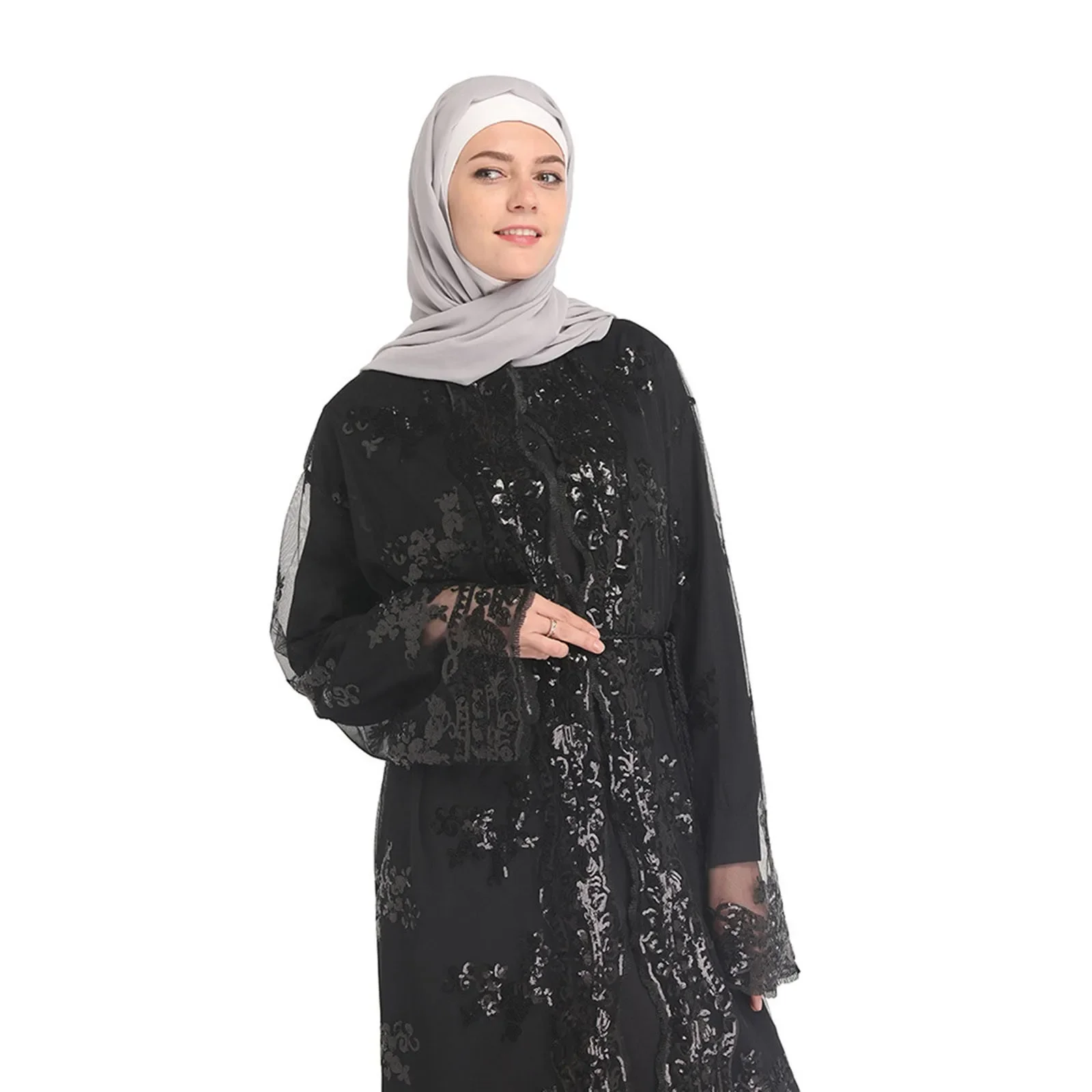 Floreale paillettes Abaya Kimono Cardigan Hijab abito musulmano abbigliamento islamico turco Abaya per le donne Dubai caftano Robe Islam caftano