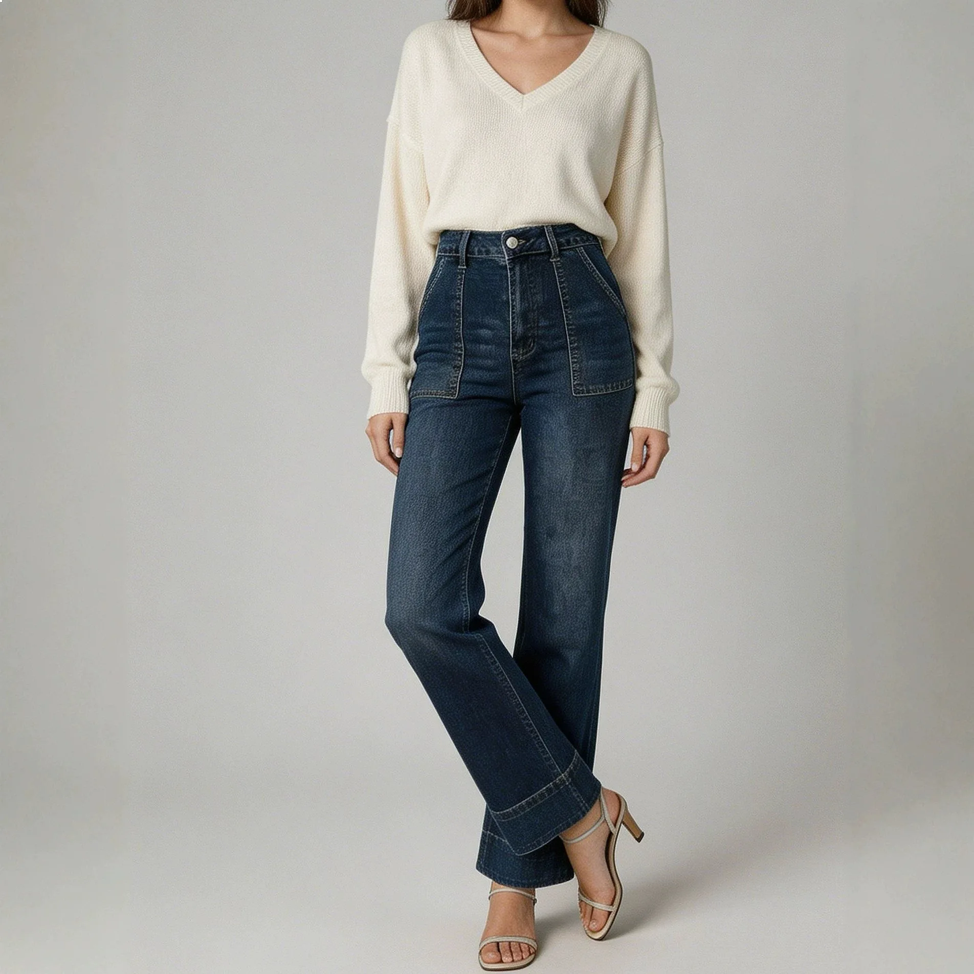 Jeans for Women High Waist Wide Leg Baggy Loose Washed Cuffed Hem, Spring Summer