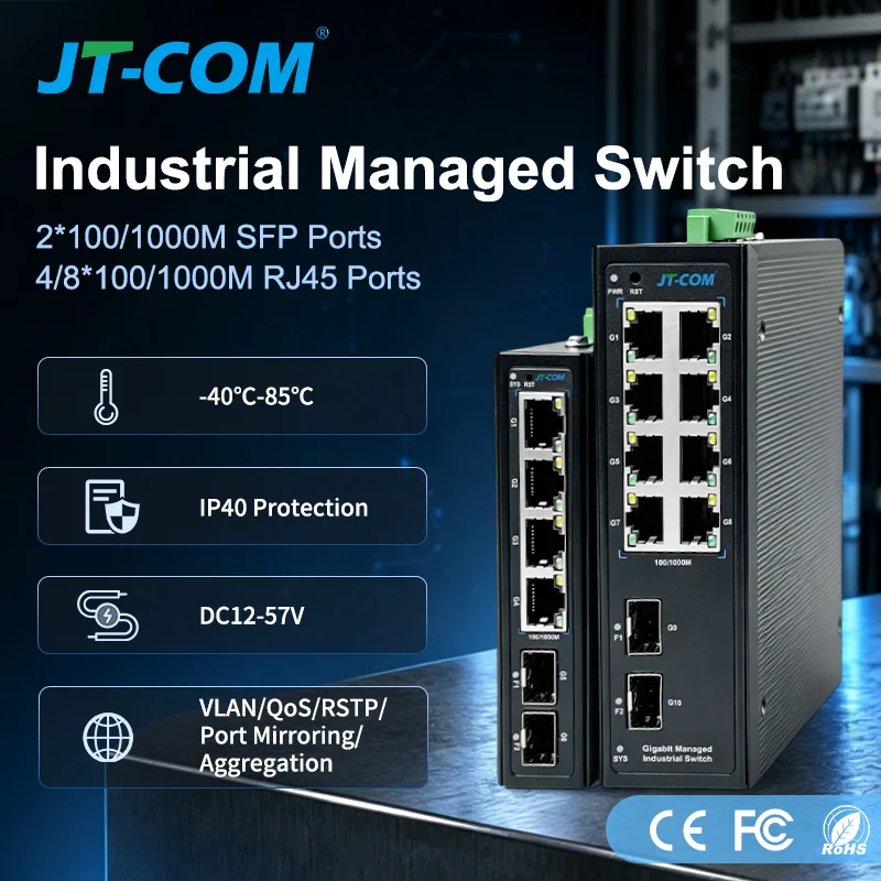 Gigabit Industrial Managed Switch 4/8 Port 1000Base-T Network Ethernet Switcher,1.25G SFP Uplink L2 Web Management