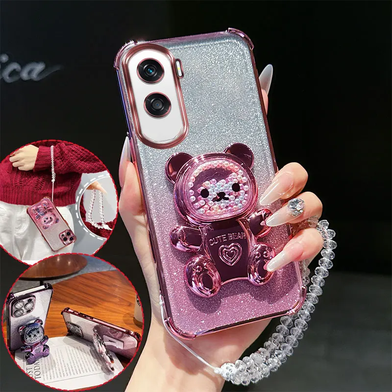 Stoßfeste Handyhülle mit 4 Ecken, 3D-Bärenständer, Kristallkettenband, Glitzer, transparent, für Honor X50i Play8T Pro, Rückseite