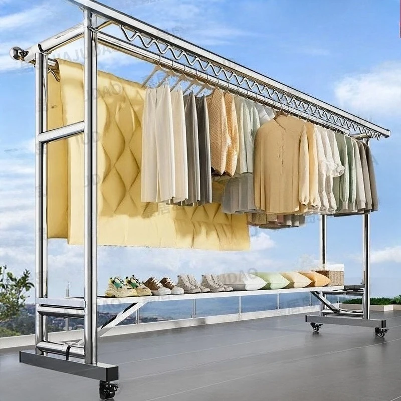 304 stainless steel drying rack floor-to-ceiling outdoor balcony household folding movable clothes rod windproof quilt artifact