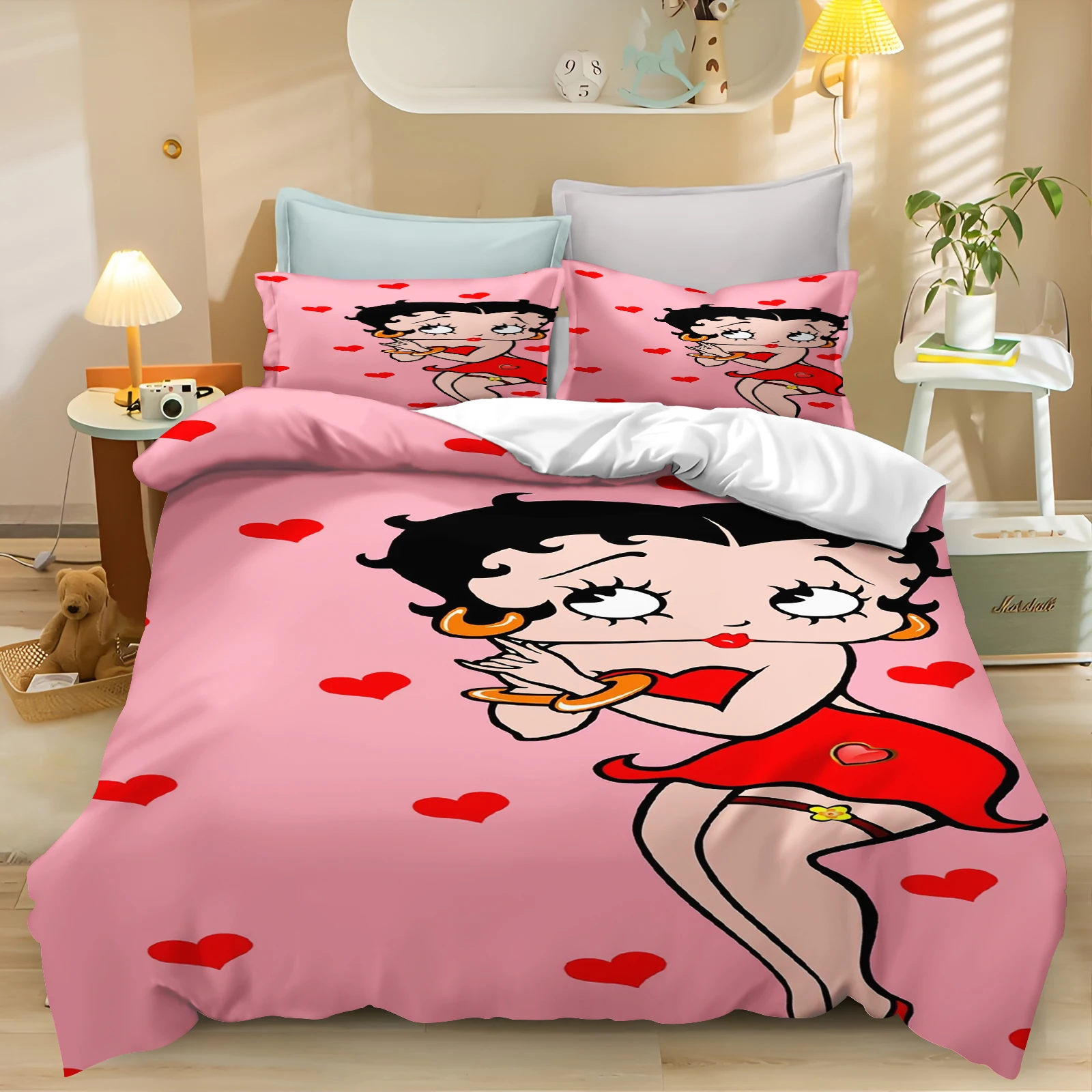 BettyS Boop Bedding Set Duvet Cover Movie Character Bed Set Soft Microfiber Cover for Kids Teens Home