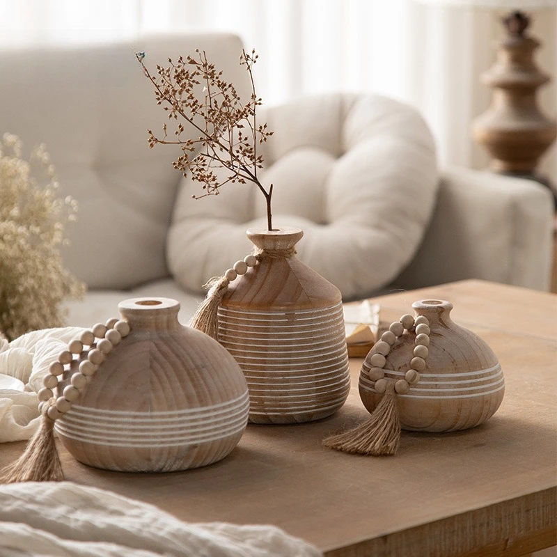 

Retro Solid Wood Vase Home Decor Flower Table Decorative and Accessories for Room Interior Ornaments for Wedding Photography