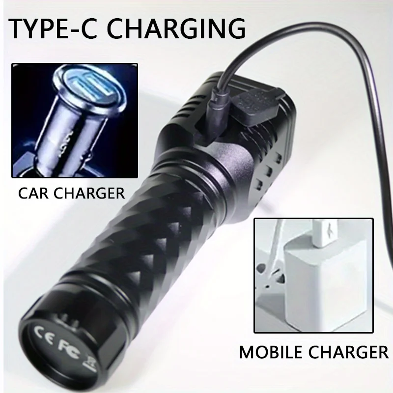 ไฟฉาย LED แบบชาร์จไฟได้พร้อม 3 โหมดประเภท-c ชาร์จเร็ว 4LED ไฟฉายแบบพกพาสำหรับงานกลางคืนและการใช้งานฉุกเฉิน