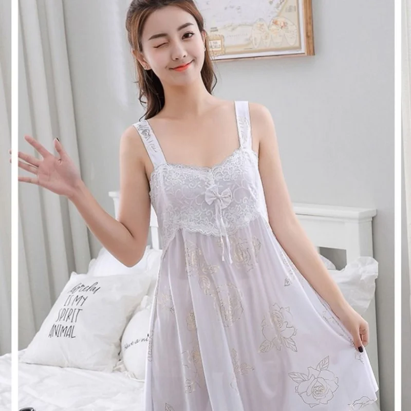 Sexy Women New Large Size Lace Sleeveless Halter Nightdress Dress Comfortable Imitate Silk Nightdress Home Wear Female