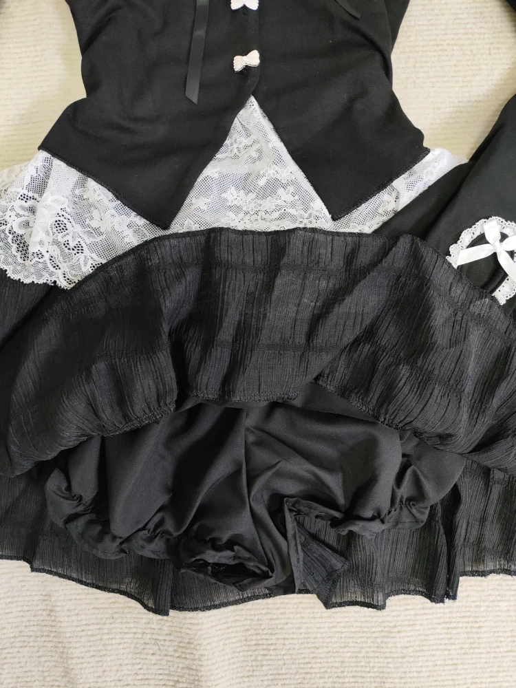 Neue Herbst Vintage Mode Langarm 2-teiliges Set Frau Sexy Bogen Spitze Y2k Tops + Mini Rock Harajuku Dünne koreanische Beliebte Kleidung