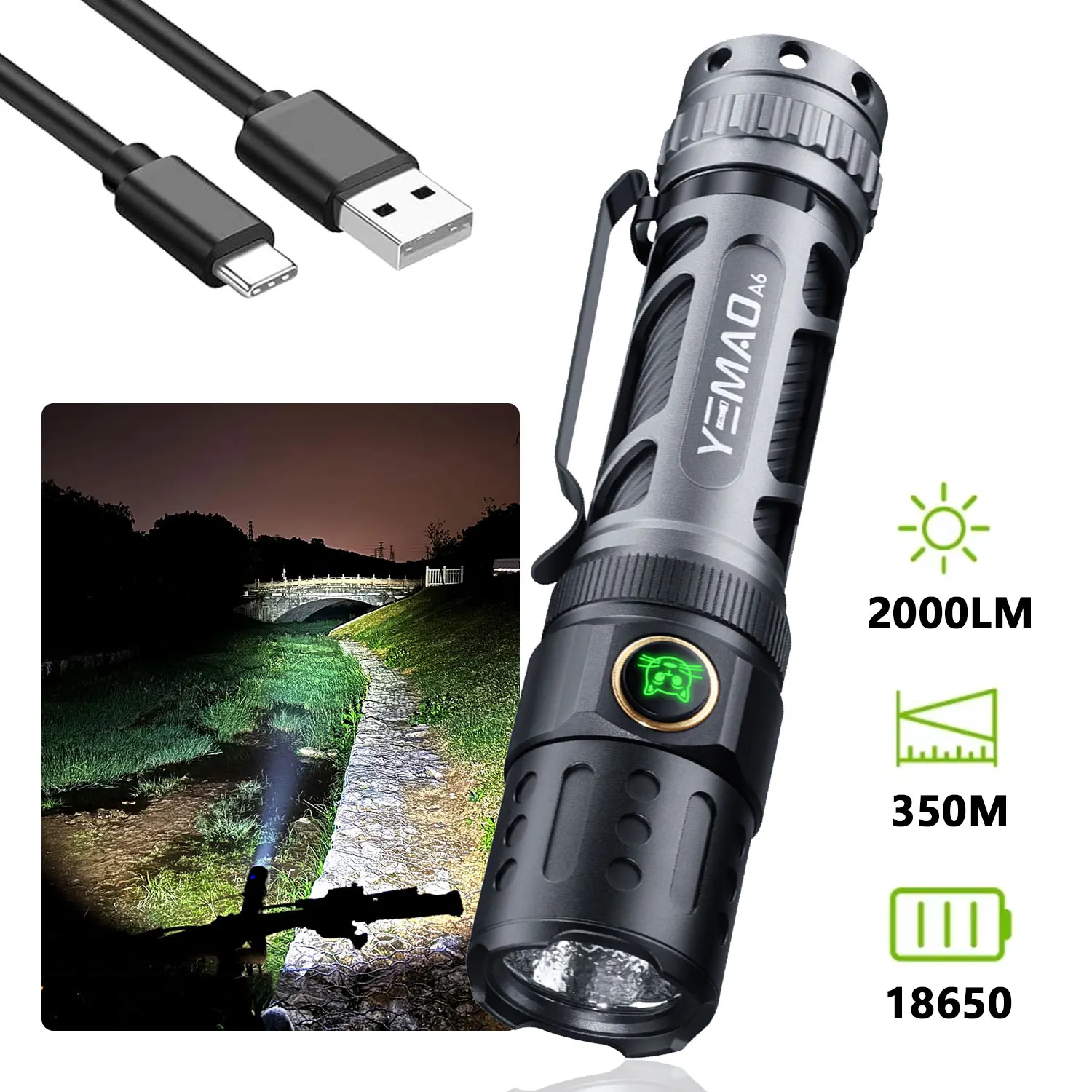 

2200Lm Powerful LED Flashlight Rechargeable 18650 with Power Indicator Lantern Torch P80 LED 2 Groups Switch SOS Beacon Outdoor
