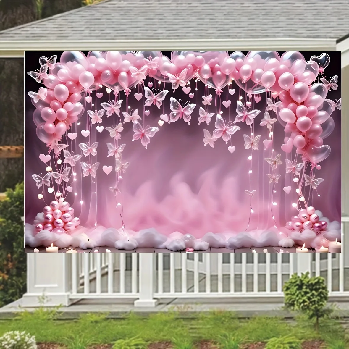 Pink Butterfly & Balloon Celebration Backdrop With Heart Lights & Clouds - Photography Prop For Birthdays & Special Occasions