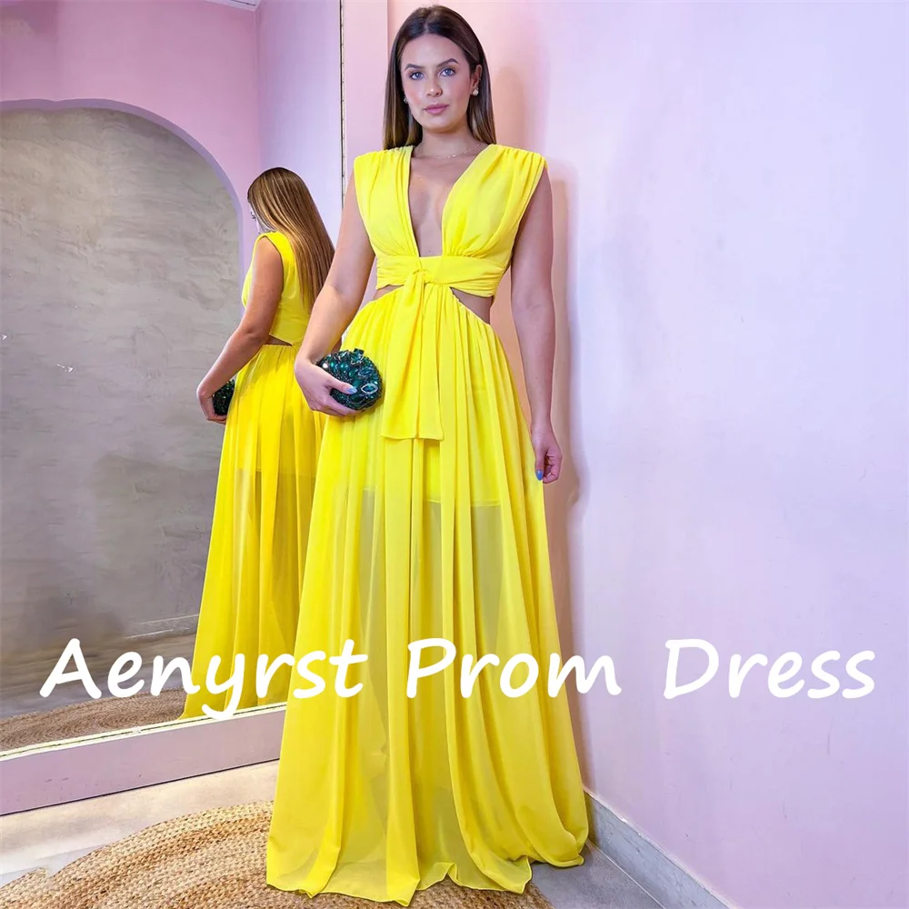 Aenryst Yellow V Neck Spaghetti Strap A Line Prom Dresses Chiffon customized Evening Dress Floor Length Formal Occasion Gowns