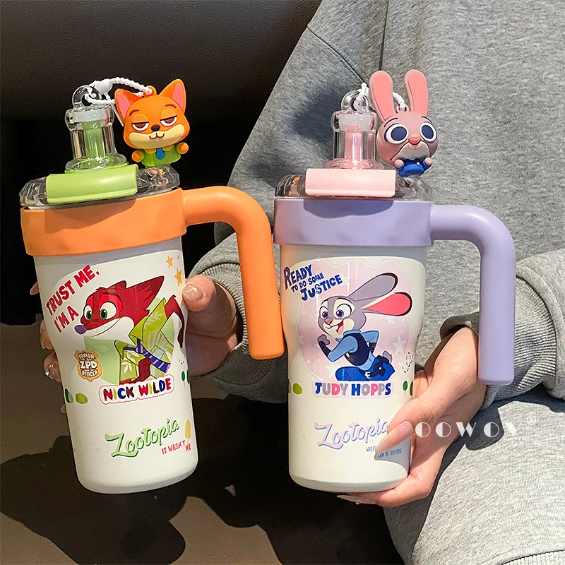 Official Disney Zootopia 800ml Dual-Use Insulated Mug, Nick & Judy Stainless Steel Travel Tumbler with Straw Leak-Proof Cup