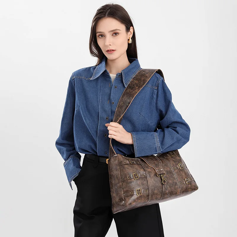 Women New Vintage Distressed Punk Luxe Large Capacity Wide Strap Shoulder Top Handle Tote Bag Commuter Daily