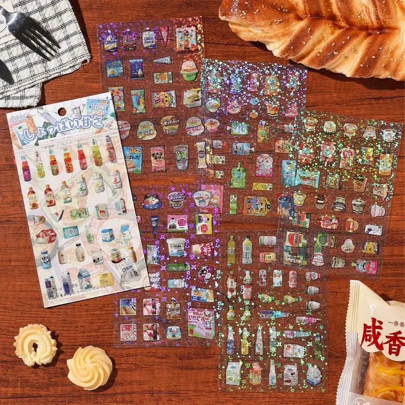6Pcs Delicious Snack Shop PET Stickers Cute Japanese Food Pattern Decals for Scrapbook Journal DIY Crafts