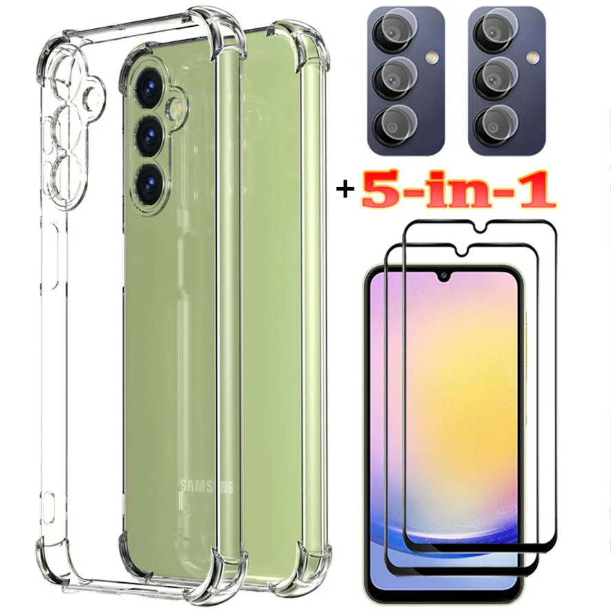 

5-in-1, Silicone Case + Glass for Samsung Galaxy A05 A05s A15 A25 A35 A55 Soft Shockproof Clear Phone Cases A35 5G Cover A25 5G