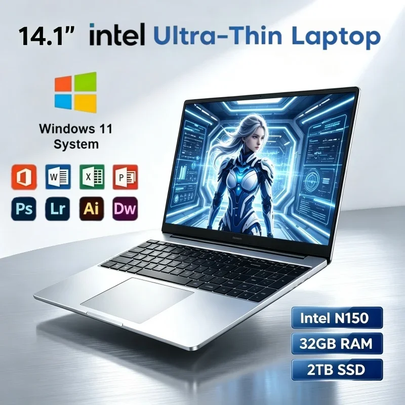 2026 Portable 14.1 Inch Laptop Intel N150 Chip Windows 11 32GB RAM 2TB SSD Notebook For Student Office Game Use