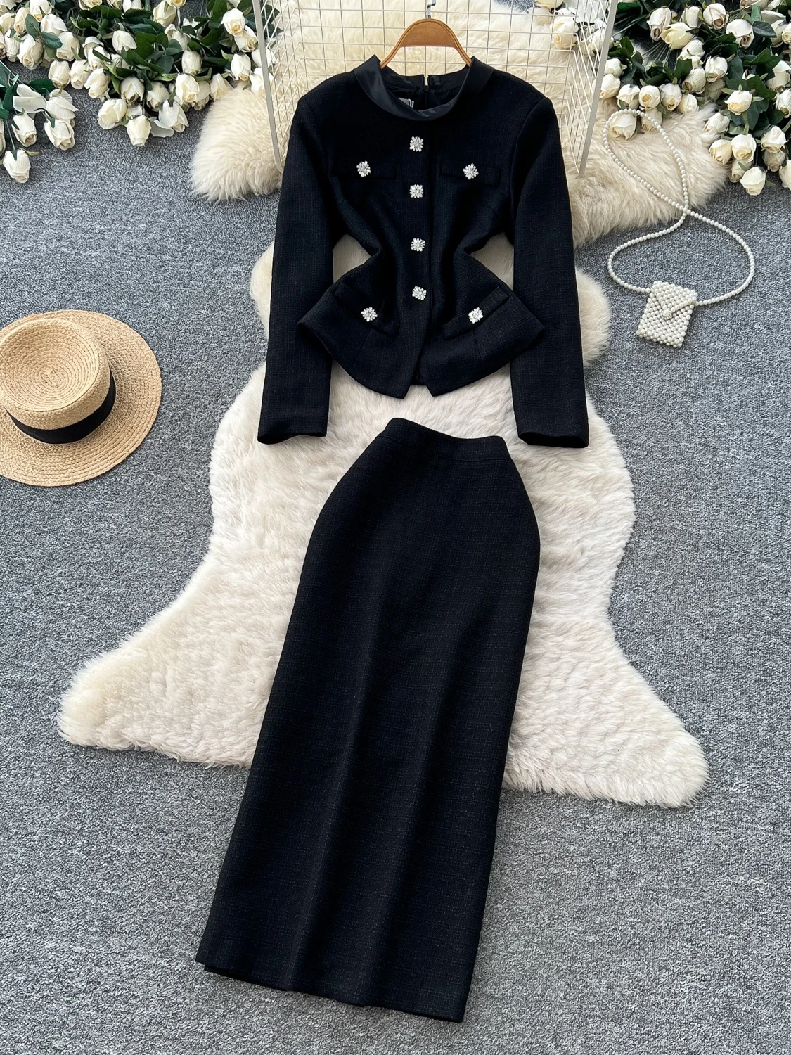 Slim Fit Open Cardigan Top High Waist Bodycon Skirt  Skirt Two Piece Set Women Autumn High End Slimming Ensemble