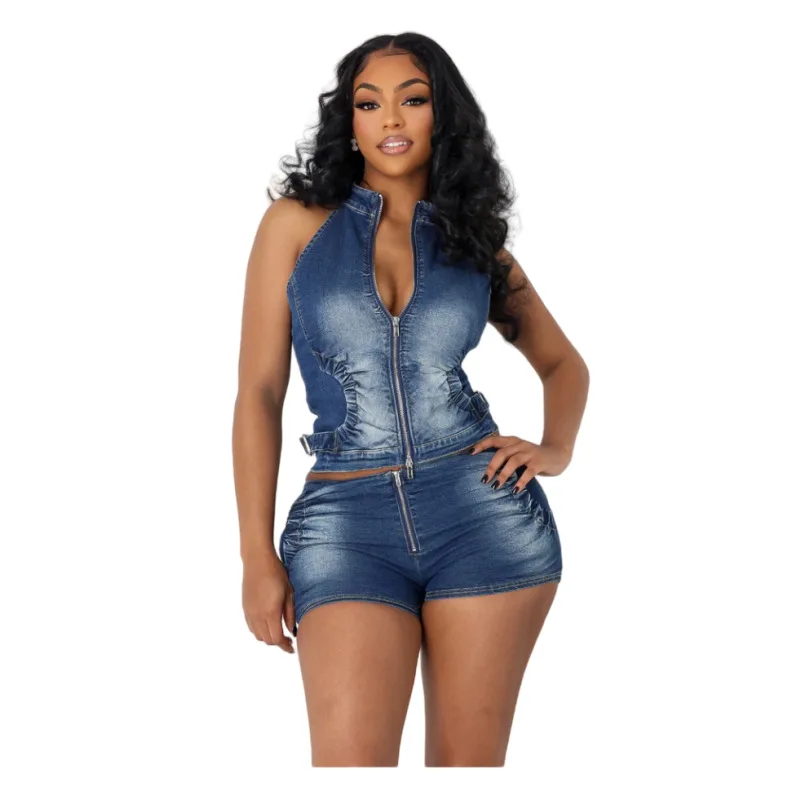 New Fashionable Stretch Denim Women's 2026 Summer Two-piece Set. Slim-fit Zipper Stand-up Collar Sleeveless Top + Tight Shorts