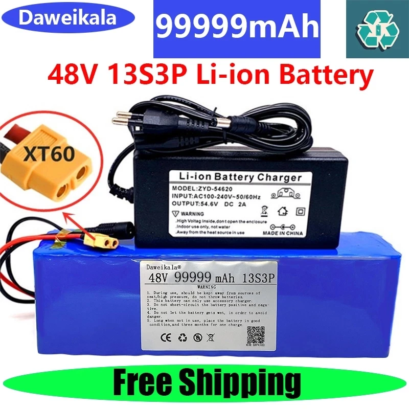 

48v999mah 1000w 13S3P XT60 48V комплект литий-ионный батарей 99999mAh для 54,6 v E-bike Электрический велосипед Скутер с BMS + зарядное устройство