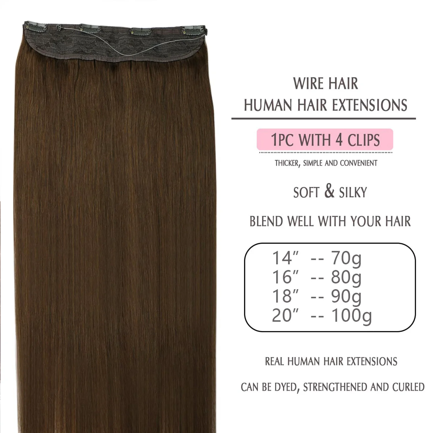 وصلات شعر هالة غير مرئية، شعر بشري حقيقي، سلك سمكة، شريط قابل للتعديل، مشبك سري للنساء، بني شوكولاتة #4