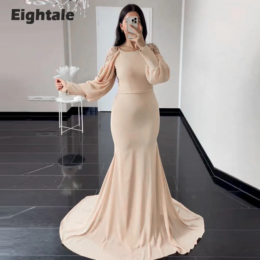 Eightale Champagne Evening Dress Chiffon O-Neck Long Sleeves Arabic Formal Shiny Mermaid Prom Party Gowns Vestidos De Noche