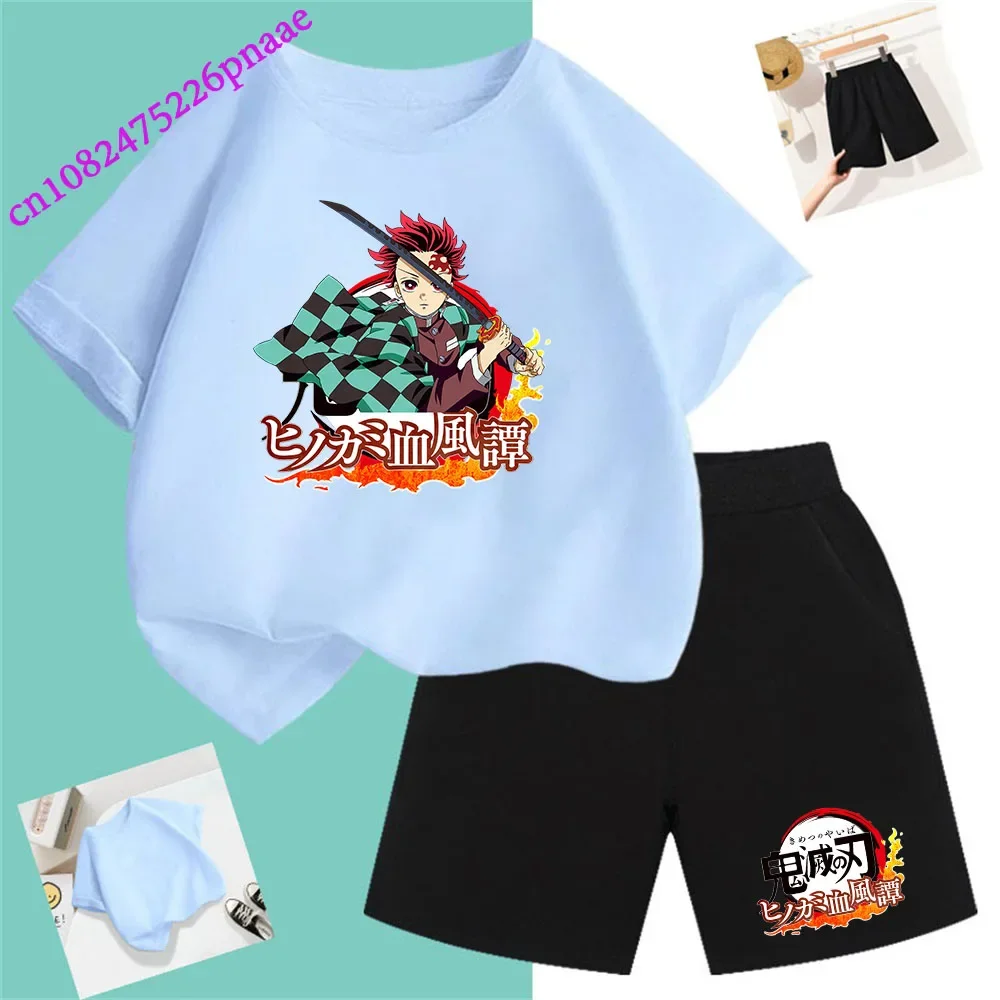 Demon Slayer t shirt Fashion Summerdress2024 Short Kid Short T-shirt Baby Tee Sets Fashion Casual O-neck Breathable KawaiiShorts