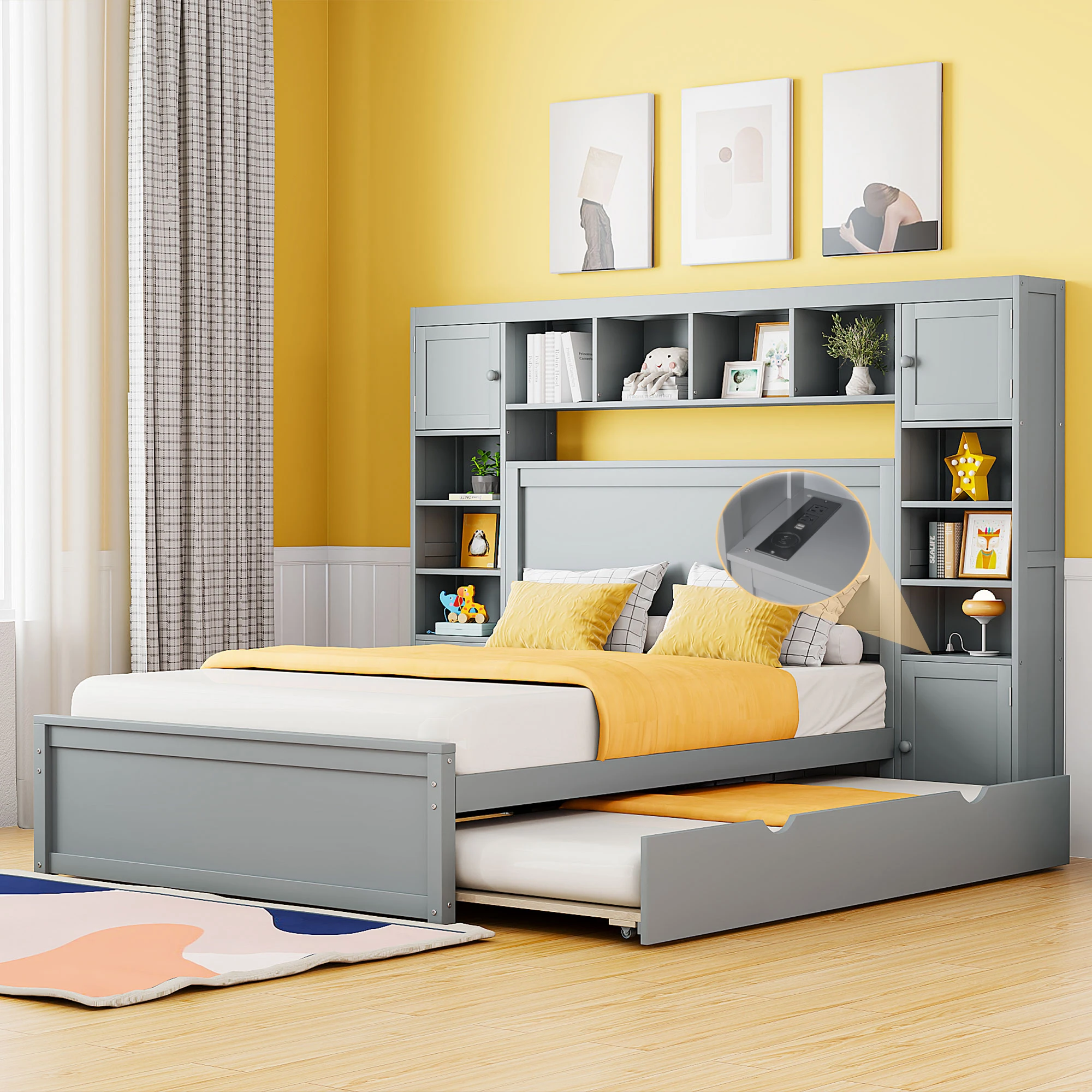 

Full Size Wooden Bed With All-in-One Cabinet, Shelf and Sockets, Twin Size Trundle, Gray 89.60x86.20x62.60 in.