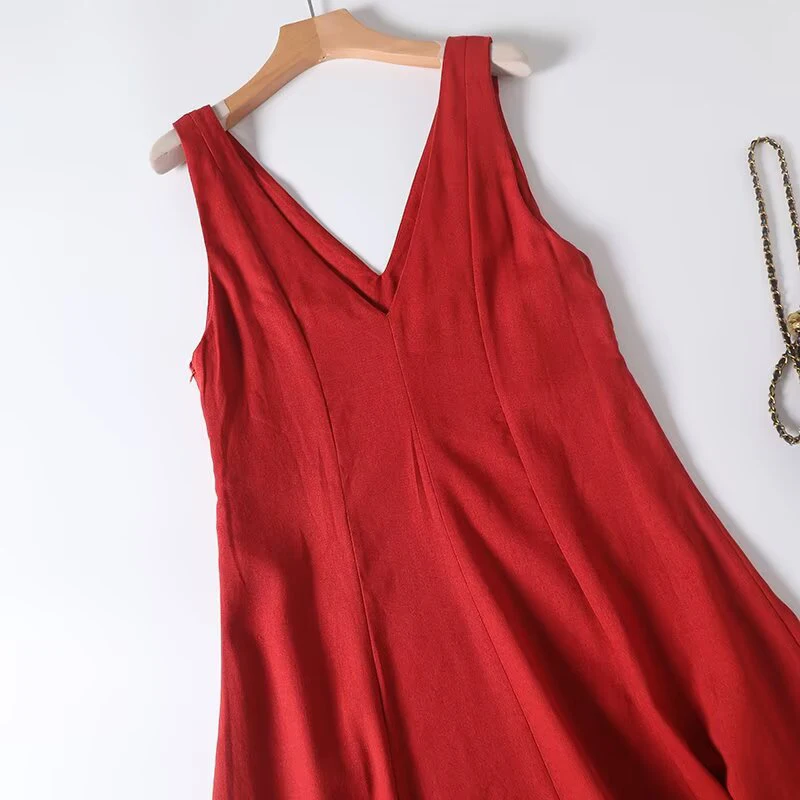 YENKYE 2025 النمط الفرنسي الكتان فستان طويل المرأة مثير عارية الذراعين الخامس الرقبة واسعة الأشرطة ألف خط فساتين الصيف عادية ماكسي فيستدوس #3