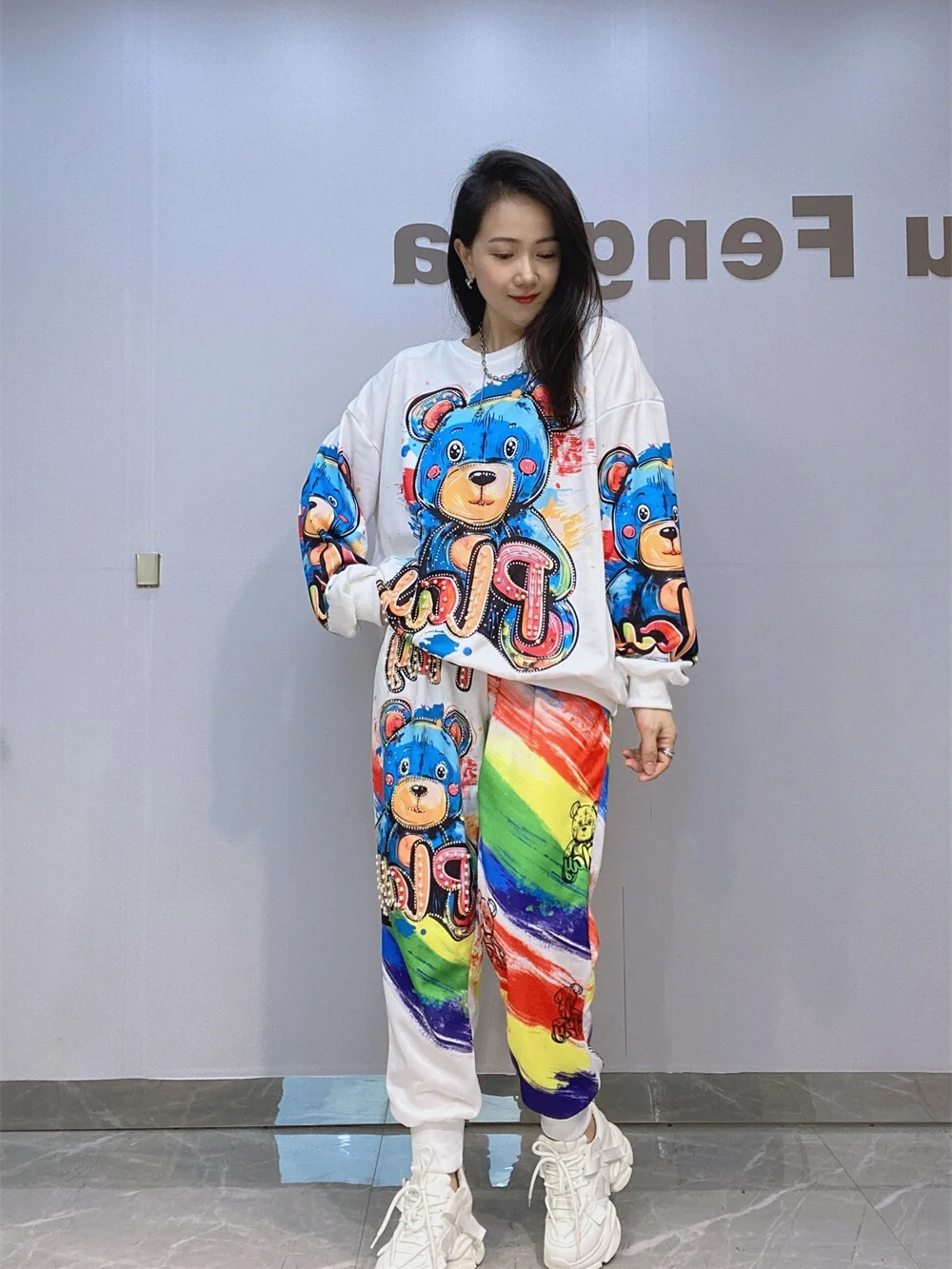 

Женский круглый свитшот с принтом Ne Long Sve, комплект из двух предметов, блестящая дрель, мультфильм, большие размеры, осенняя одежда Faion Sensation