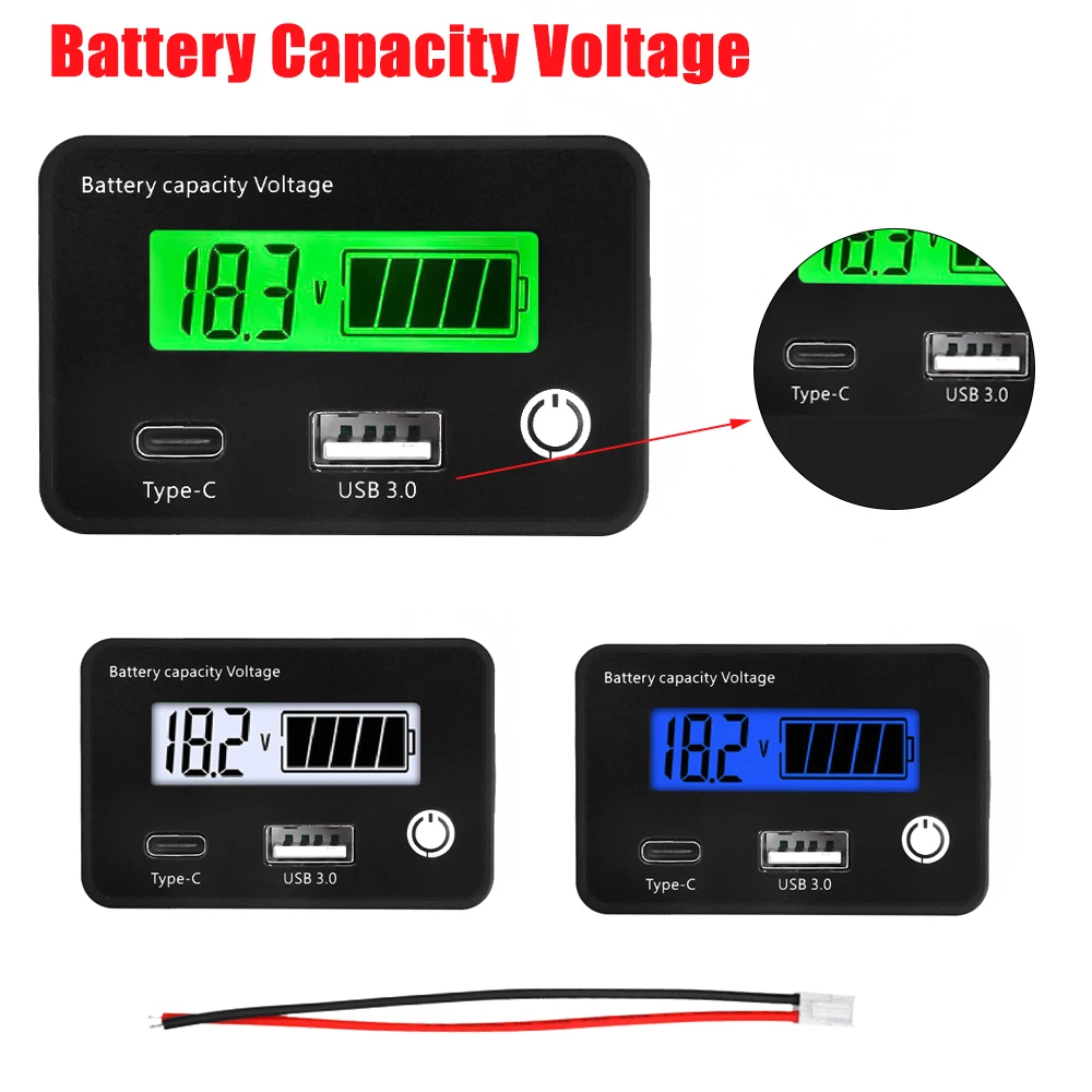 

DC8-30V USB3.0 + Tpye-C выходной индикатор емкости свинцово-кислотных литиевых батарей для автомобиля мотоцикла цифровой вольтметр тестер напряжения измеритель