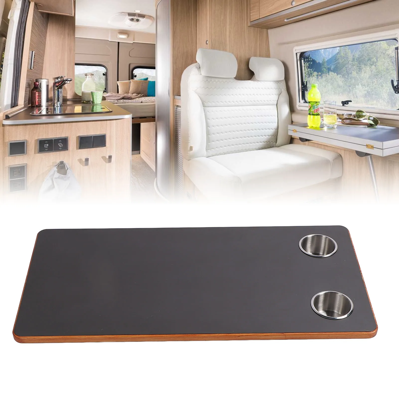 Столешница для автодома 800 х 400 мм с 2 держателями для чашки из нержавеющей стали, черная деревянная столешница для яхты, патио, столешница для автофургона, столешница для яхты