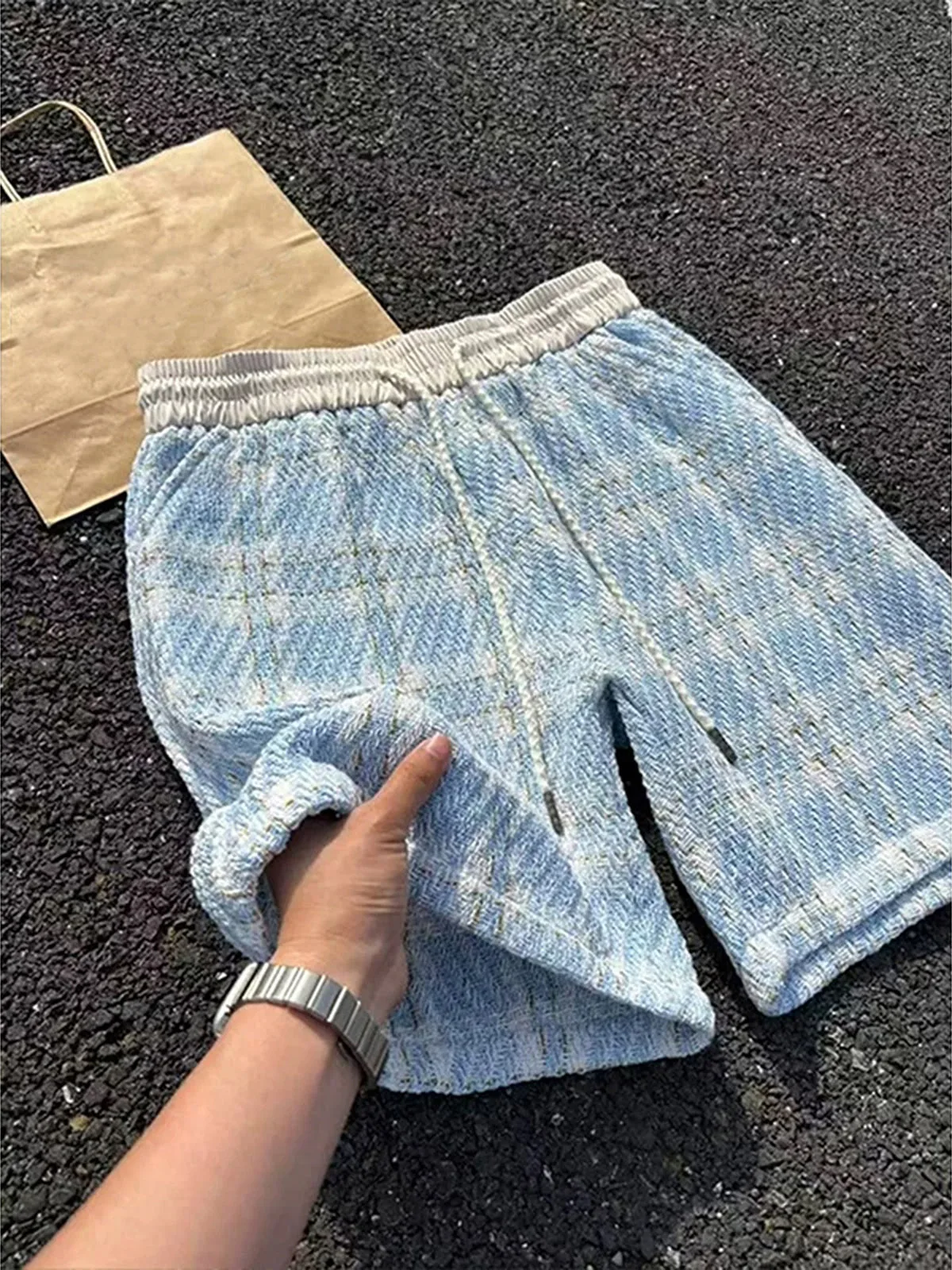 Slim Fit Knitted Plaid Shorts Men's Summer Thin Design Sporty Five-Quarter Length American Style Heavyweight Casual Trousers