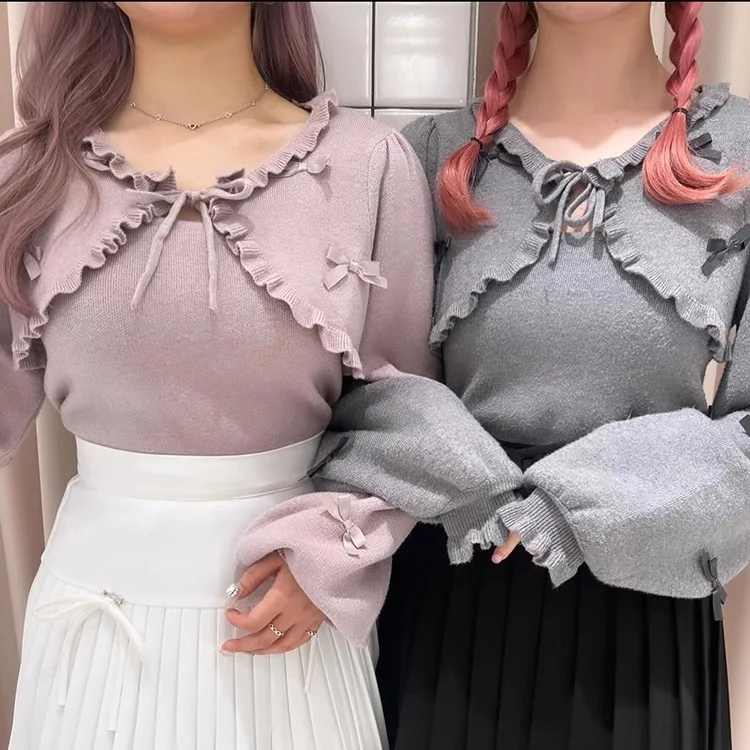 일본식 달콤한 우아한 레이스 업 보우 랜턴 슬리브 짧은 카디건 니트 민소매 슬링 탑 다목적 투피스 세트 여성