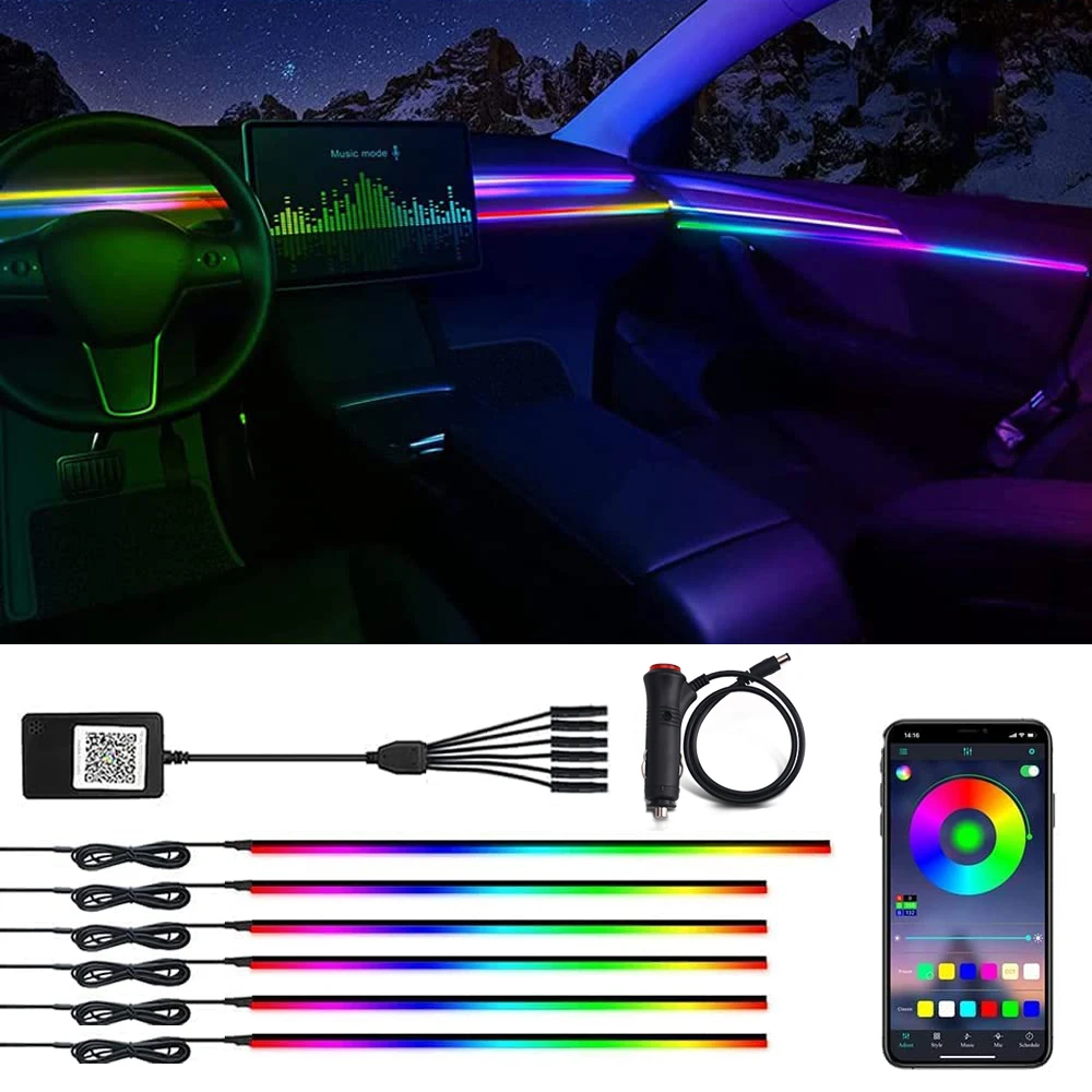 

6/5 in 1 RGB 64 Color LED Car Atmosphere Light Interior Decoration Acrylic Strip Light Car Ambient Lamp Universal For Dashboard