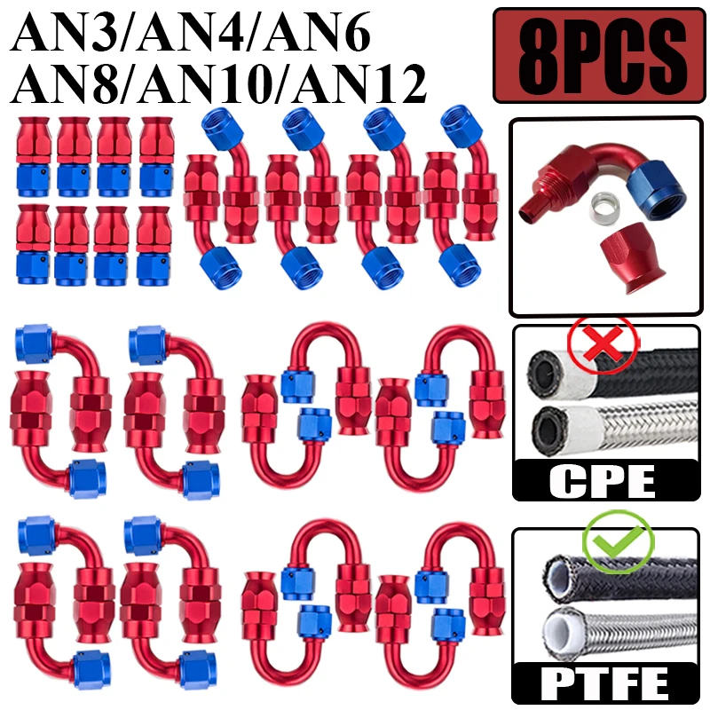 8X 3AN 4AN 6AN 8AN 10AN 12AN Straight 0 45 90 180 Degree Swivel Hose End Fitting Adapter For PTFE E85 Oil Fuel Gas Line Red Blue