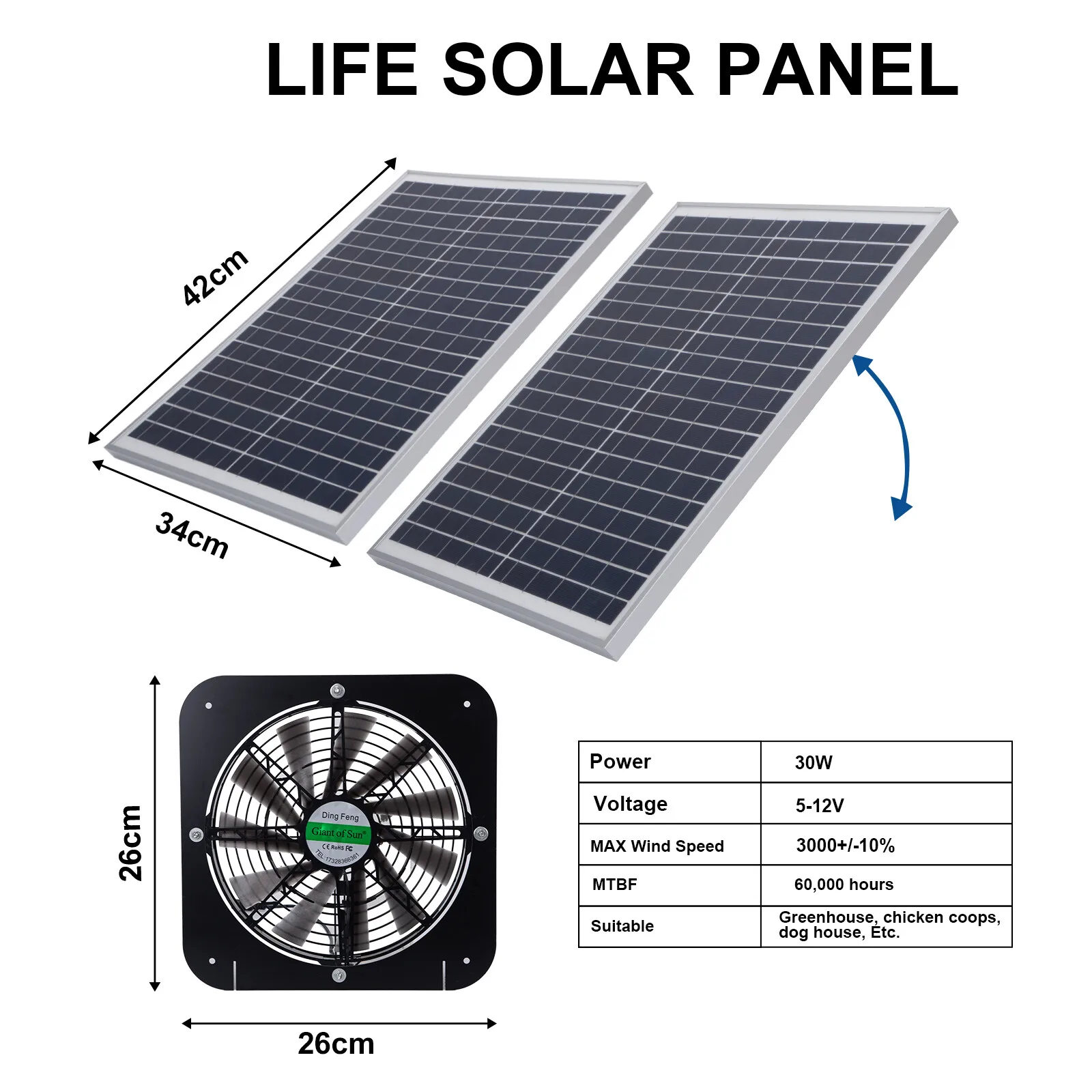 Ventilatore da tetto con sistema di ventilazione per soffitta ad energia solare da 30 W per soffitta o serra 1200 cm